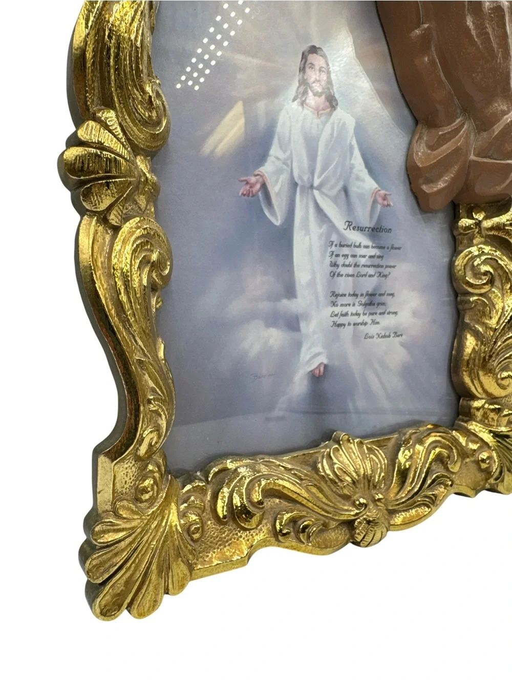 Vintage Jesus Resurrection Wall Plaque Praying Hands Gold Baroque Frame Gold